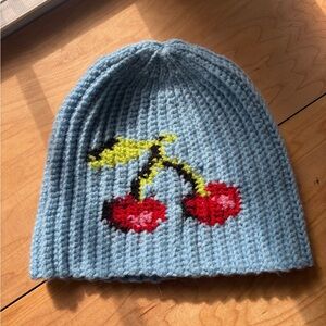 Stylish Blue Crocheted Beanie with Cherry Design